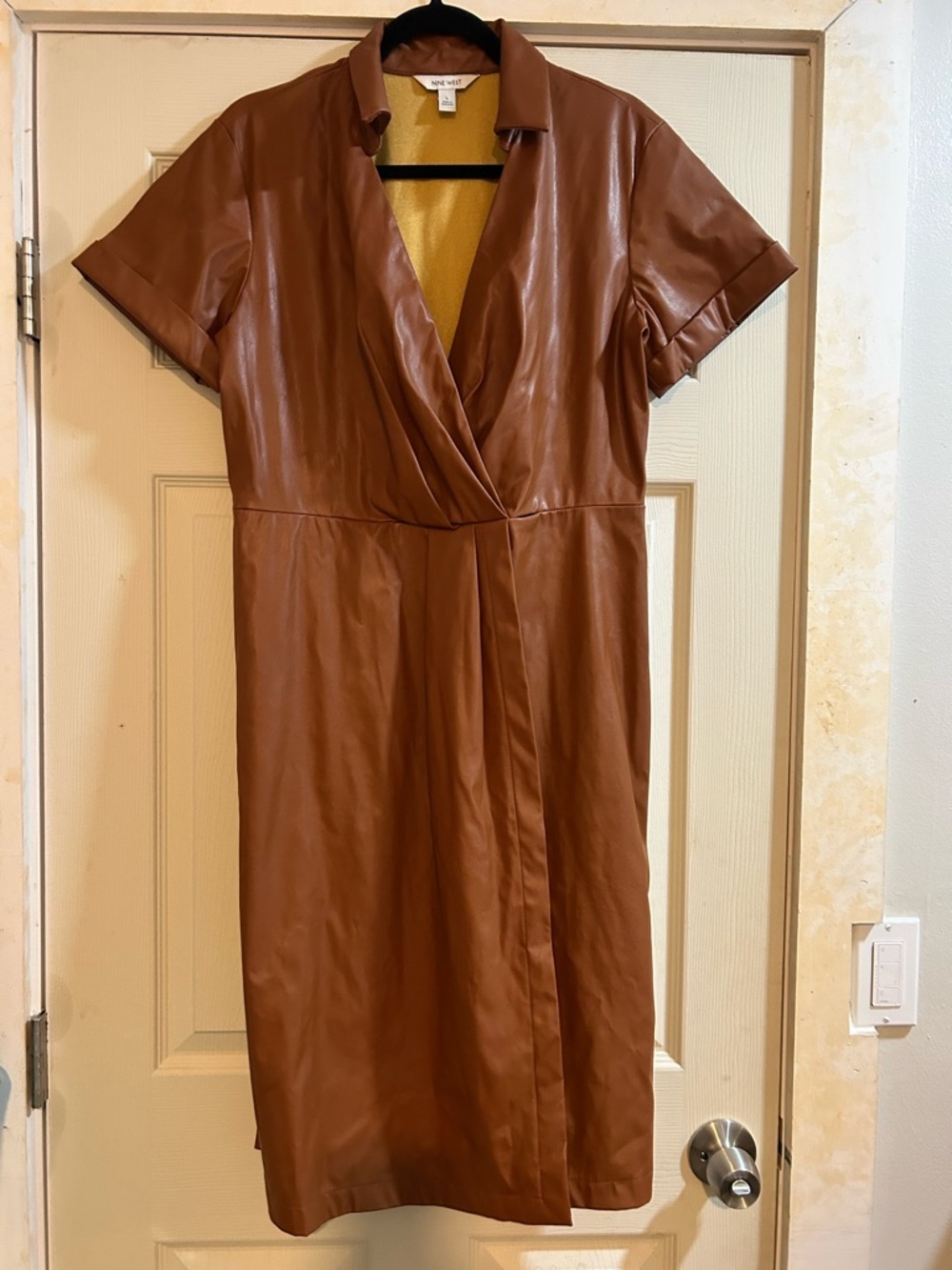 Nine West Cognac Faux Leather Midi Wrap Dress - Picture 2 of 6